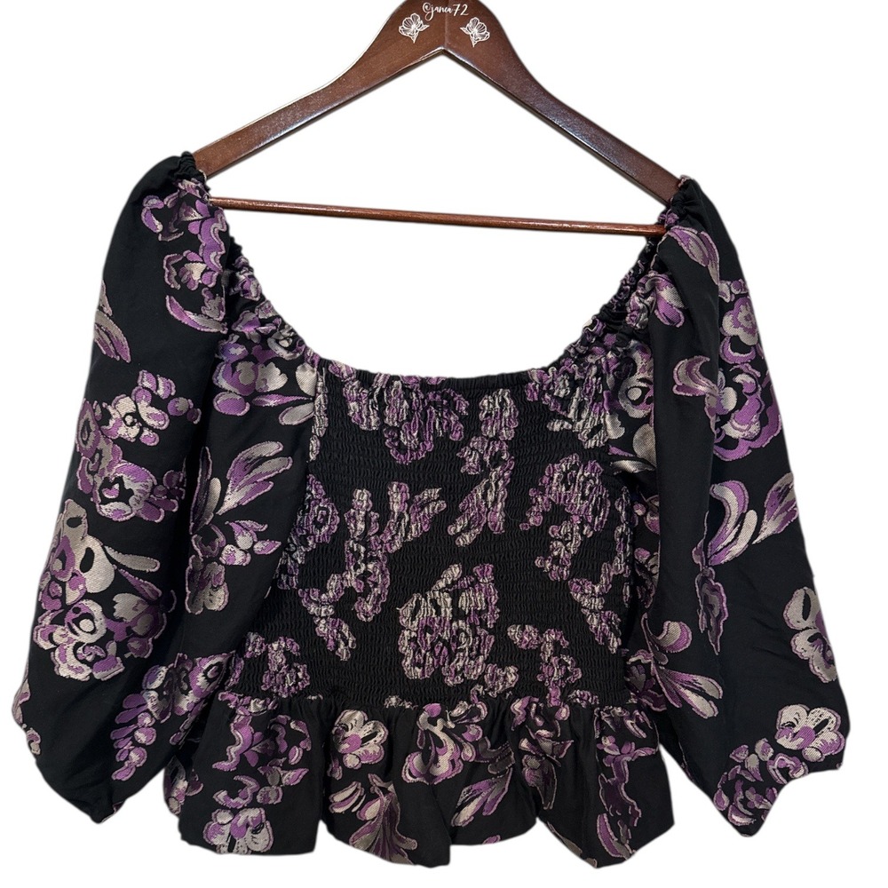Tanya Taylor Smocked Peplum‎ Top Square Neck Long Sleeve Large Whimsygoth Silk